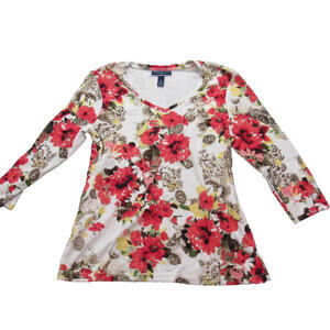 Karen Scott Shirt Womens Medium Floral 3/4 Sleeve Stretch Pullover‎ Top Casual